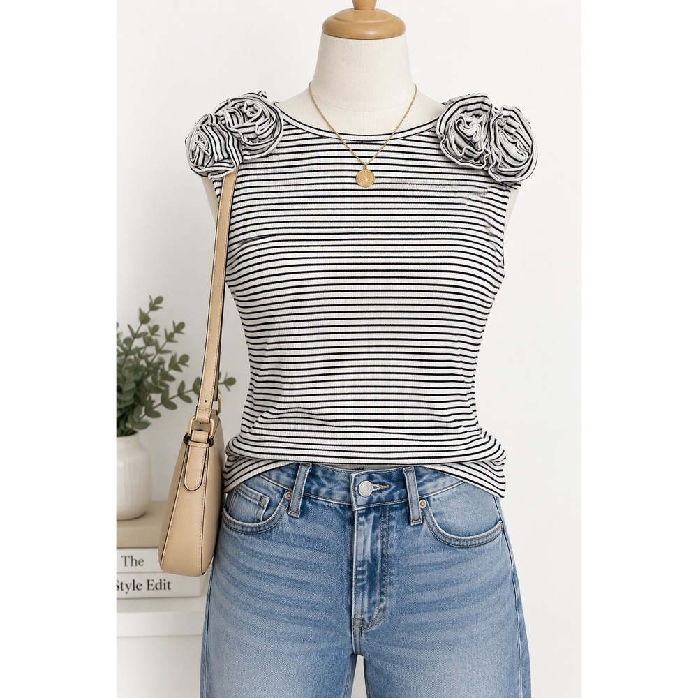 ON 34th Womens XL Striped Ribbed Top Rosette Floral Shoulder Sleeveless Blk Wht